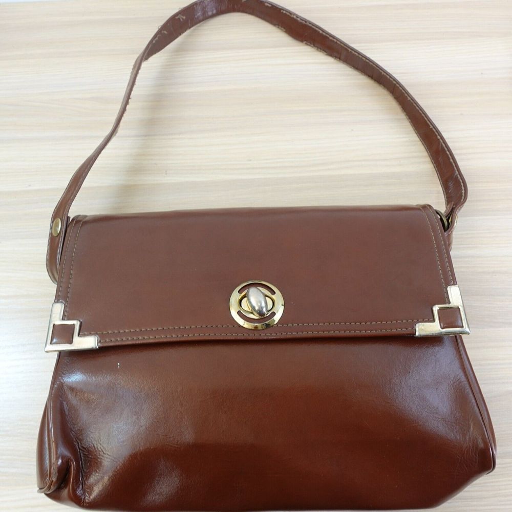 Vintage Flap Bag Brown Patent Leather Shoulder Purse Career Work Satchel DEFECT